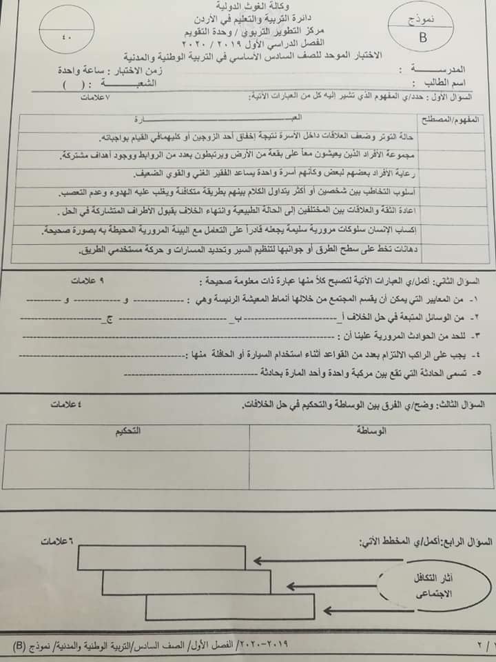 MzUyNDEx13 صور امتحان مادة التربية الوطنية النهائي للصف السادس الفصل الاول 2019 وكالة نموذج B